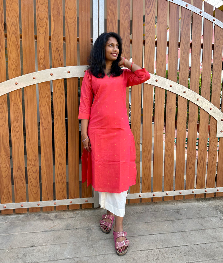Handloom Cotton Kurta peach orange1