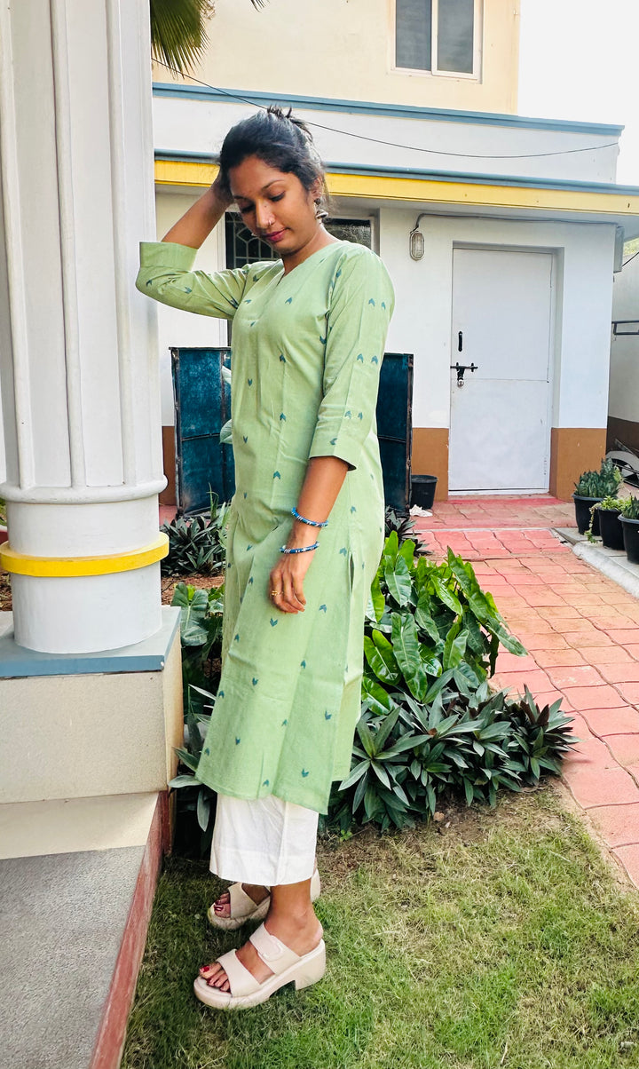 PISTA GREEN HANDLOOM COTTON KURTA1