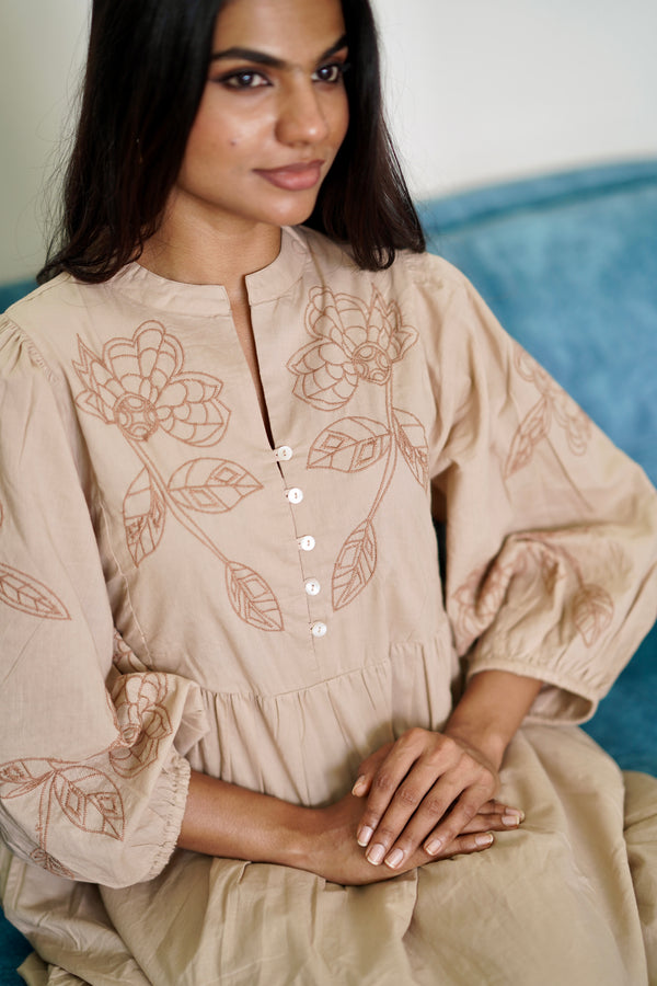 Sand Beige Embroidered Midi Dress